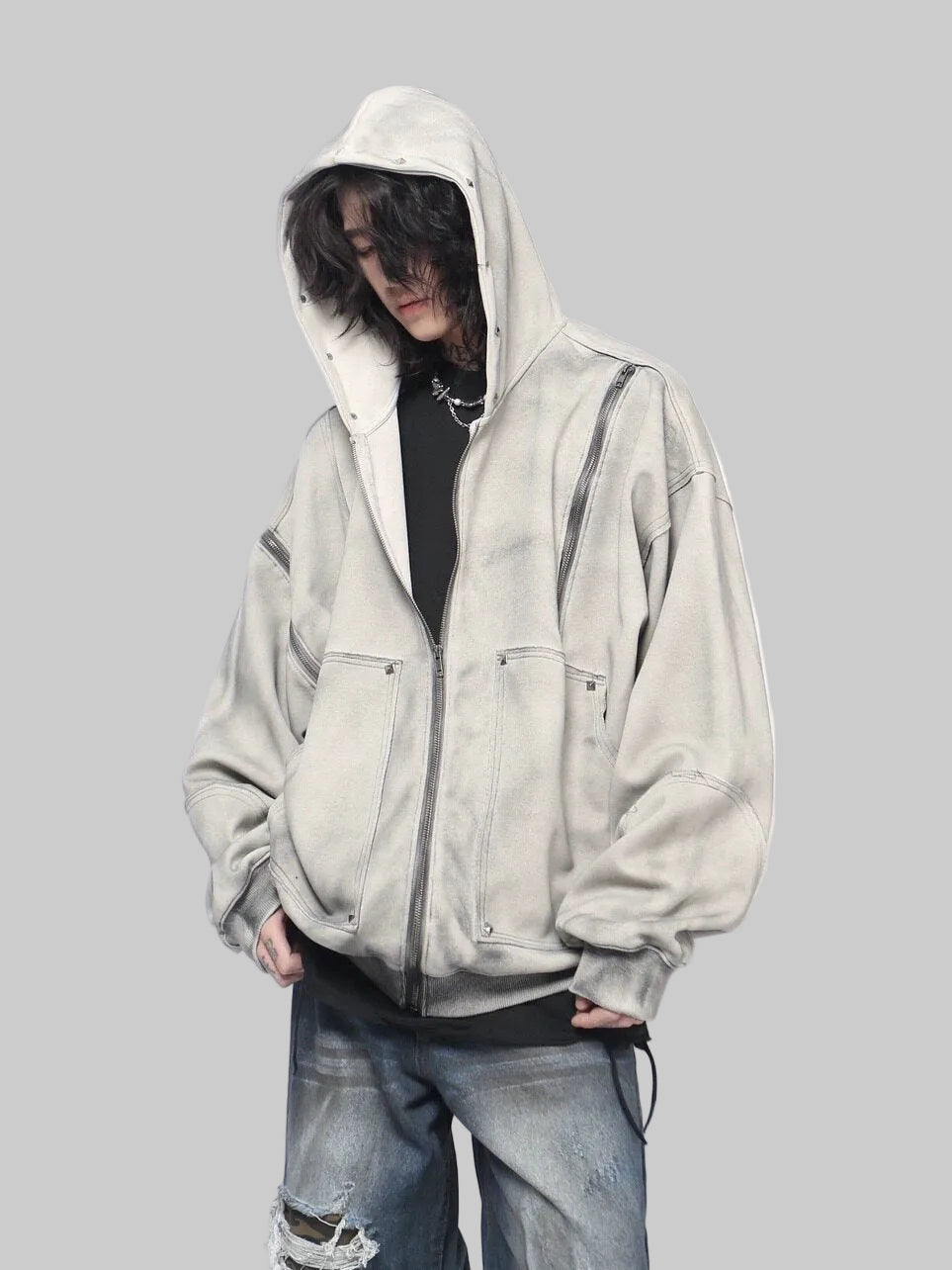 WHY SOIL Washed Rivet Utility Zip Hoodie