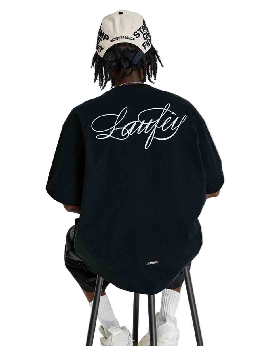 Whysoil Unisex Cursive Embroidered Oversized Black T-Shirt