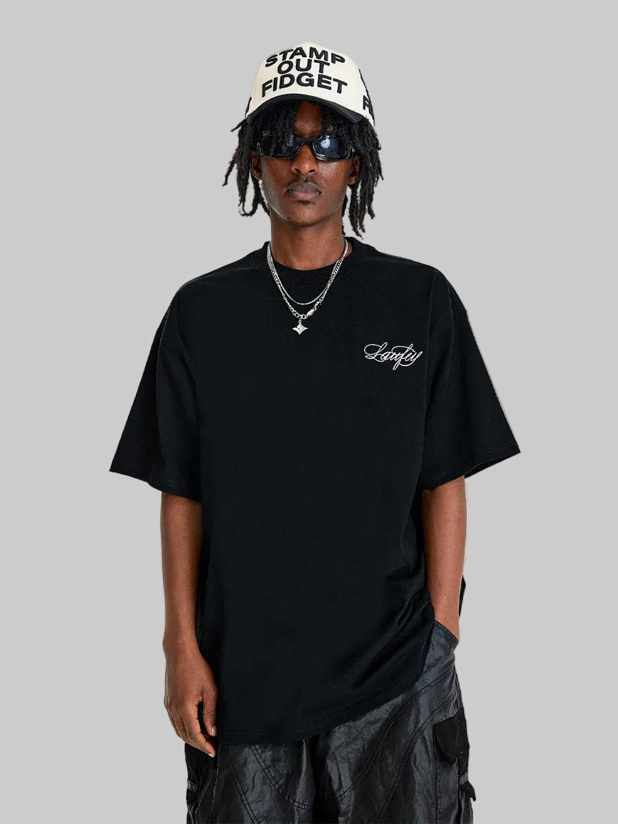 Whysoil Unisex Cursive Embroidered Oversized Black T-Shirt