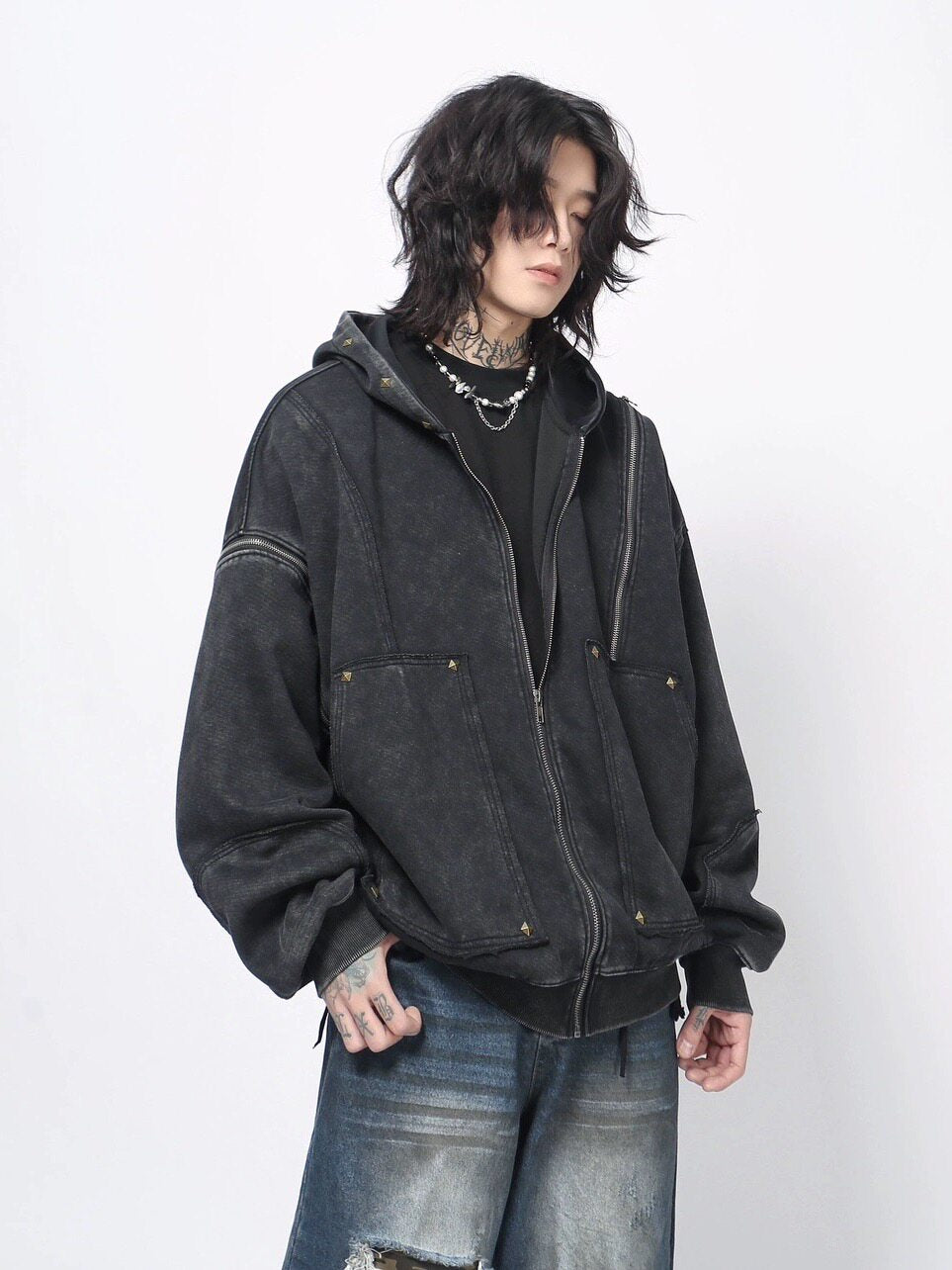 WHY SOIL Washed Rivet Utility Zip Hoodie