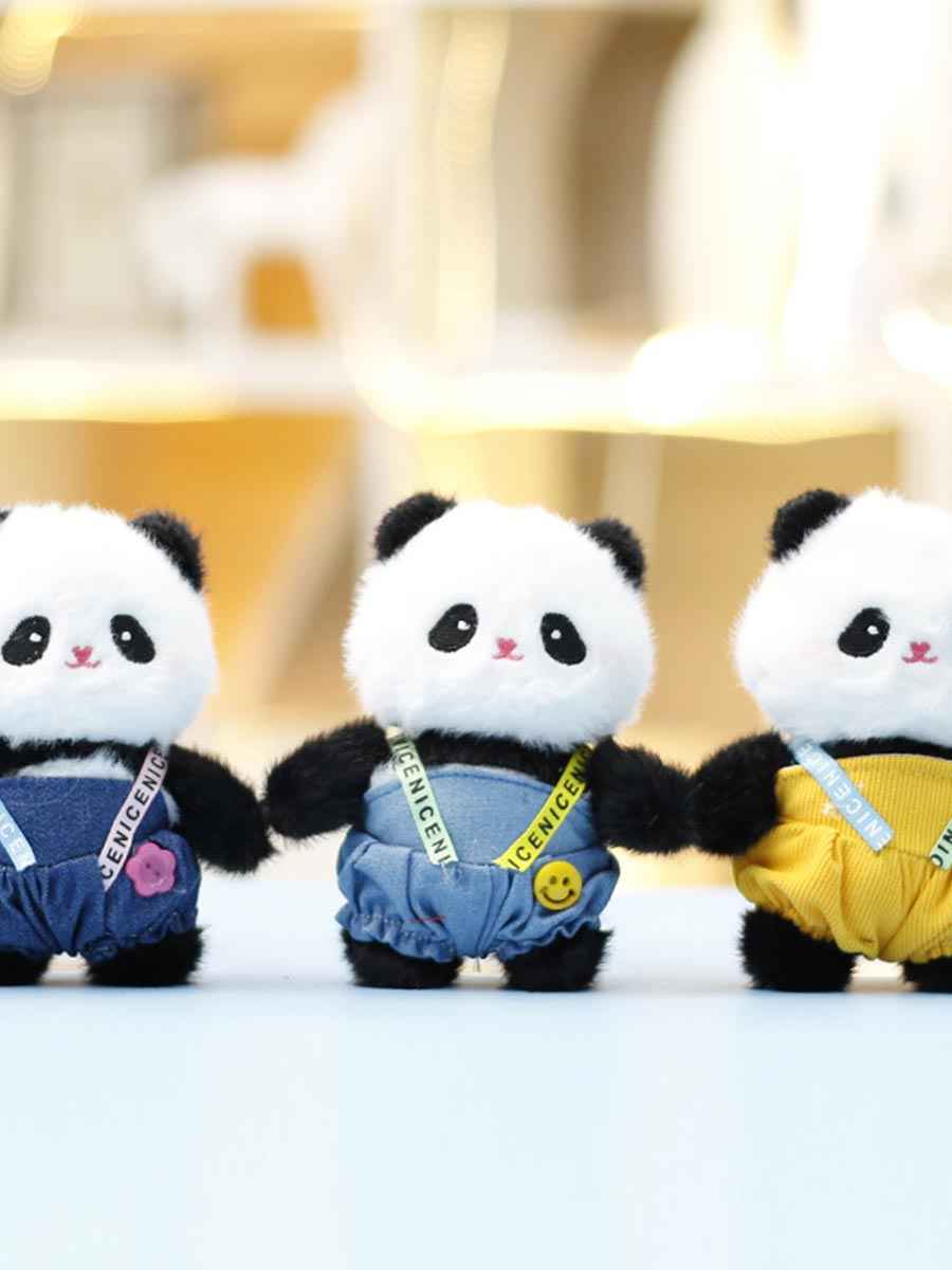 Whysoil-Cute Denim Overalls Panda Plush Keychain