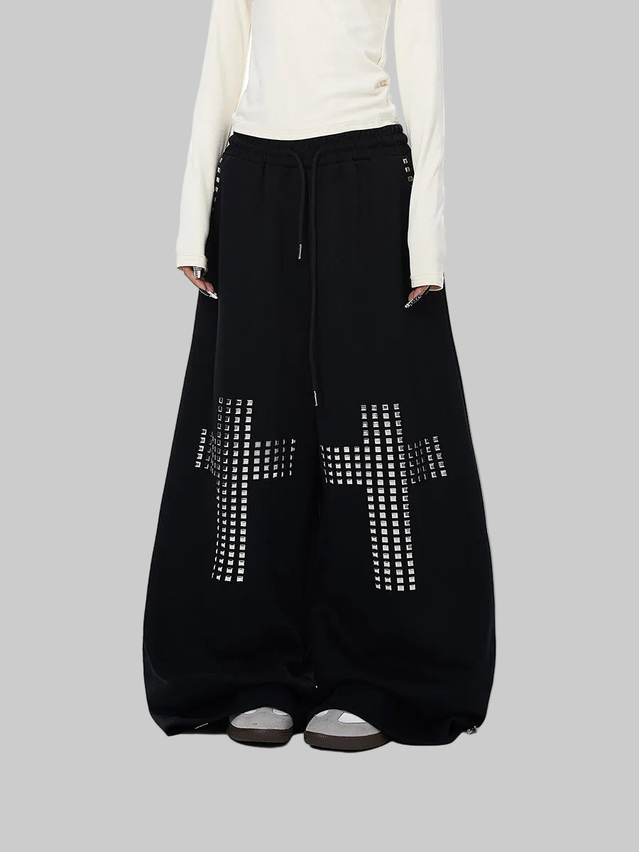 Whysoil Unisex Rhinestone Cross Wide-Leg Sweatpants