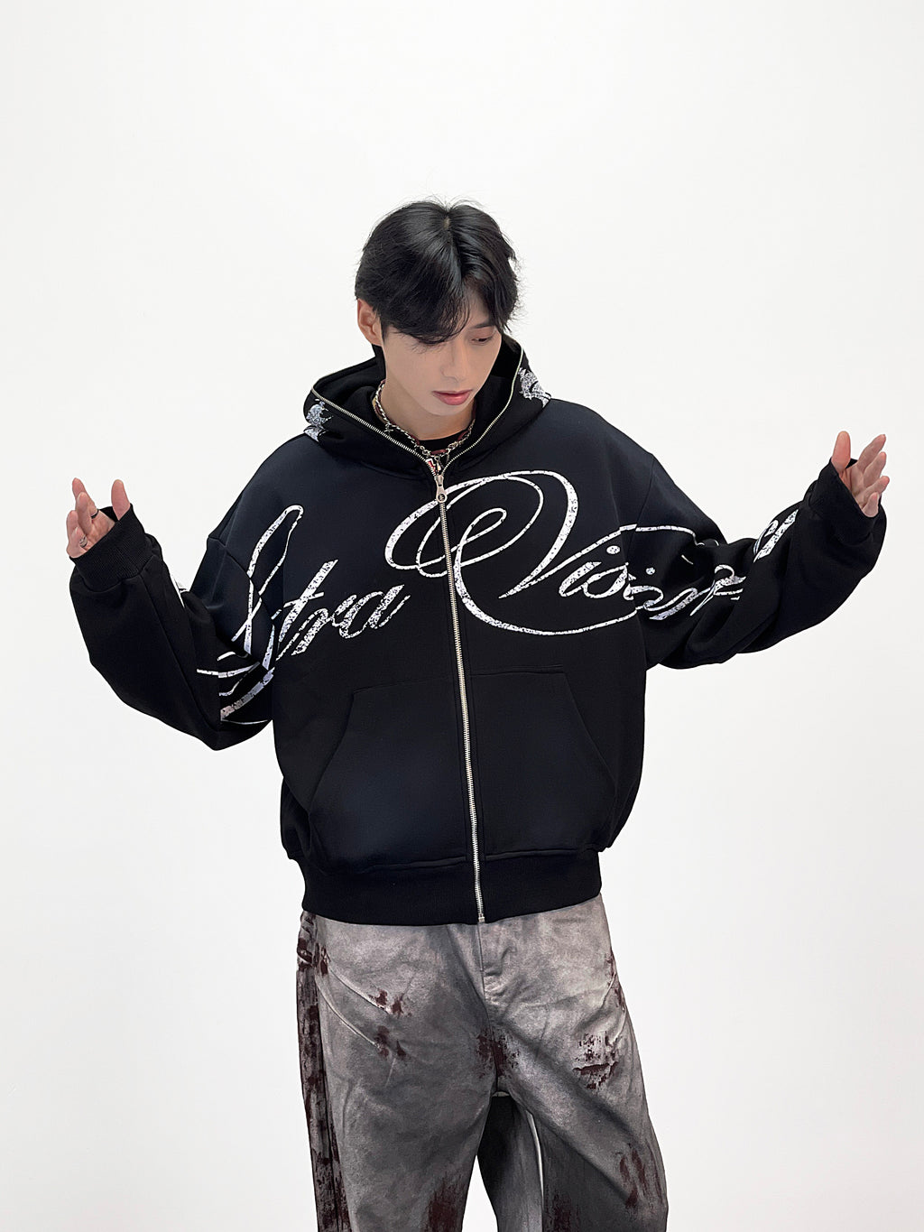 WHY SOIL Graffiti Script Graphic Zip Hoodie