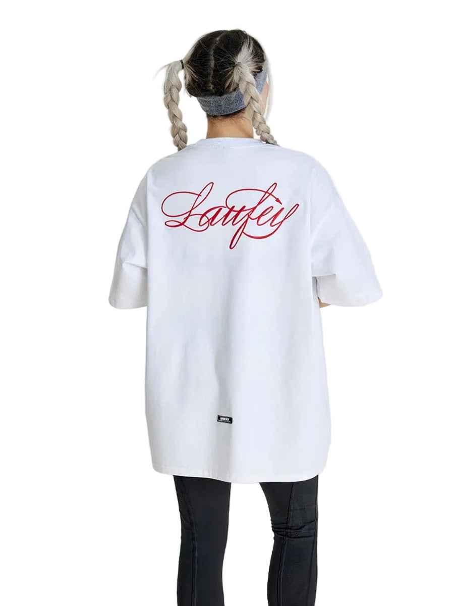 Whysoil Unisex Cursive Embroidered Oversized Black T-Shirt