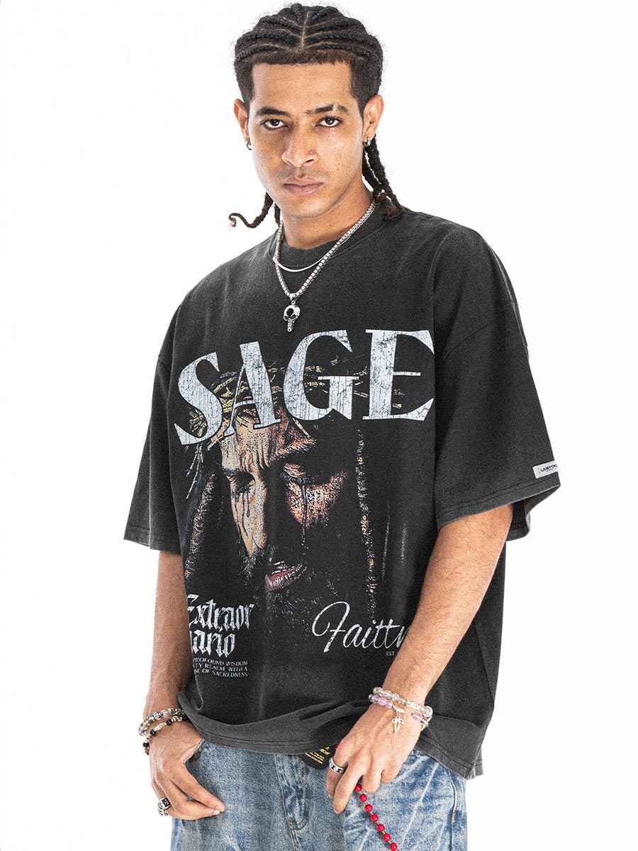 T-shirt oversize noir imprimé portrait religieux vintage Whysoil-SAGE