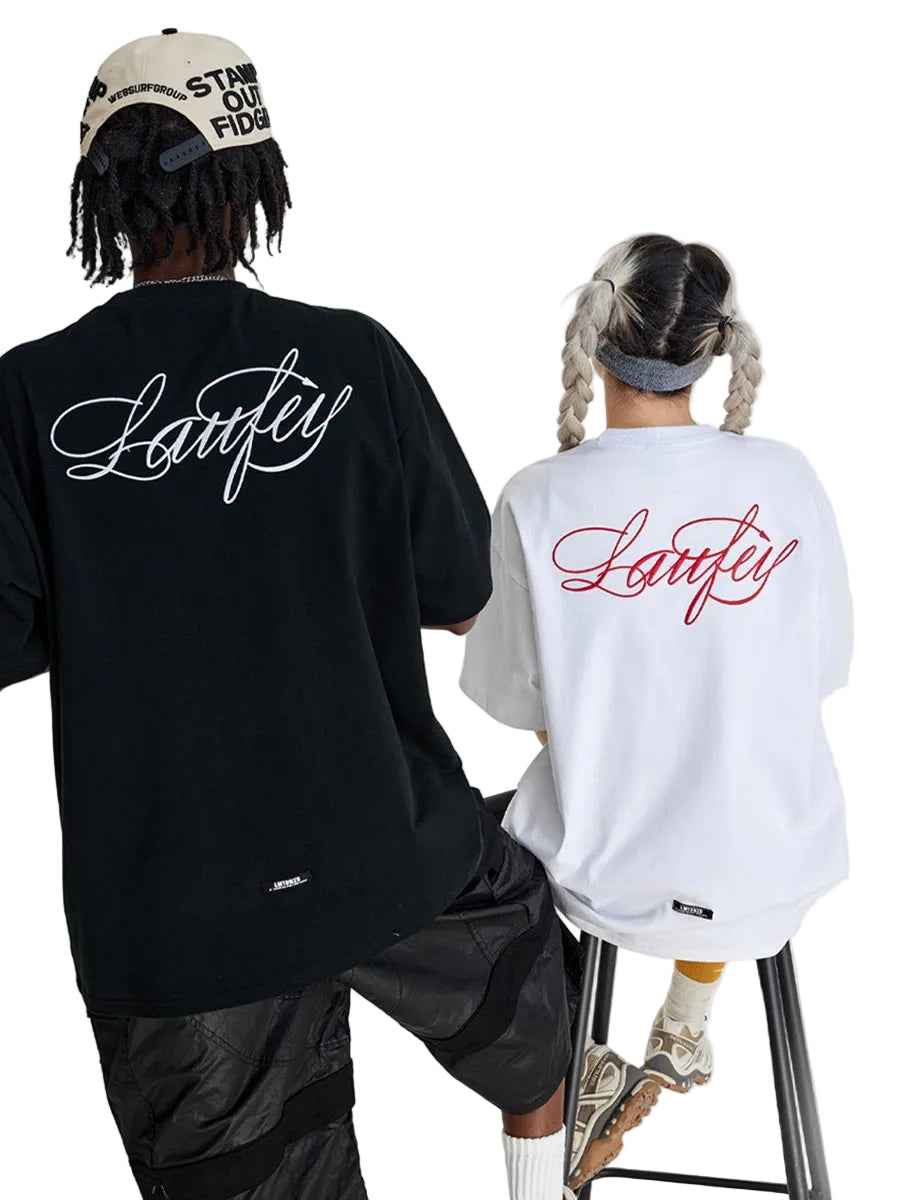 Whysoil Unisex Cursive Embroidered Oversized Black T-Shirt