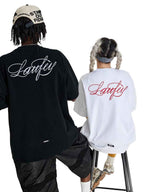 Whysoil Unisex Cursive Embroidered Oversized Black T-Shirt