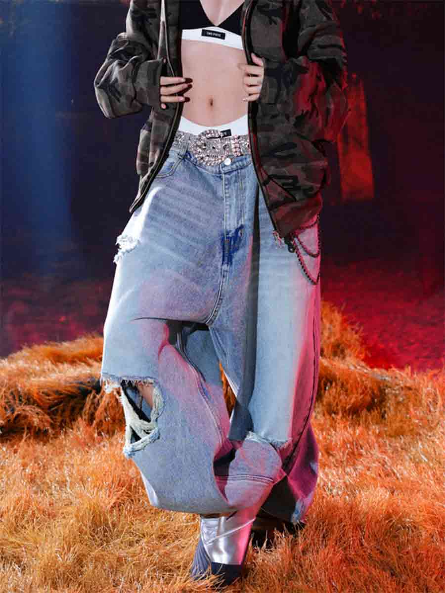WHY SOIL Distressed Light Wash Casual Denim Pants
