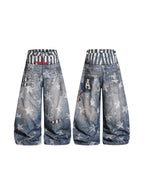 Whysoil-All Over Star Print Striped Waist Red Star Baggy Wide Leg Denim Pants