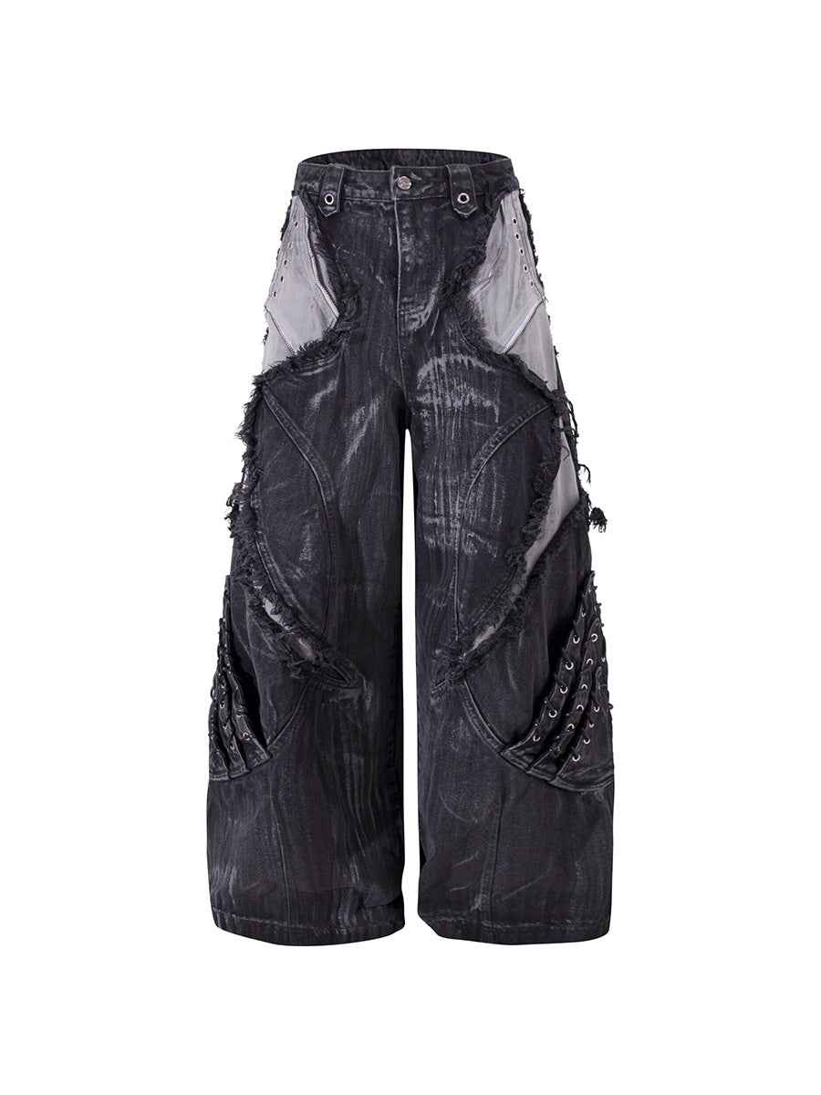 Whysoil-Contrast Patch Raw Fringe Rivet Curved Stitch Wide Leg Denim Pants