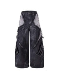 Whysoil-Contrast Patch Raw Fringe Rivet Curved Stitch Wide Leg Denim Pants