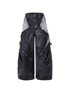 Whysoil-Contrast Patch Raw Fringe Rivet Curved Stitch Wide Leg Denim Pants