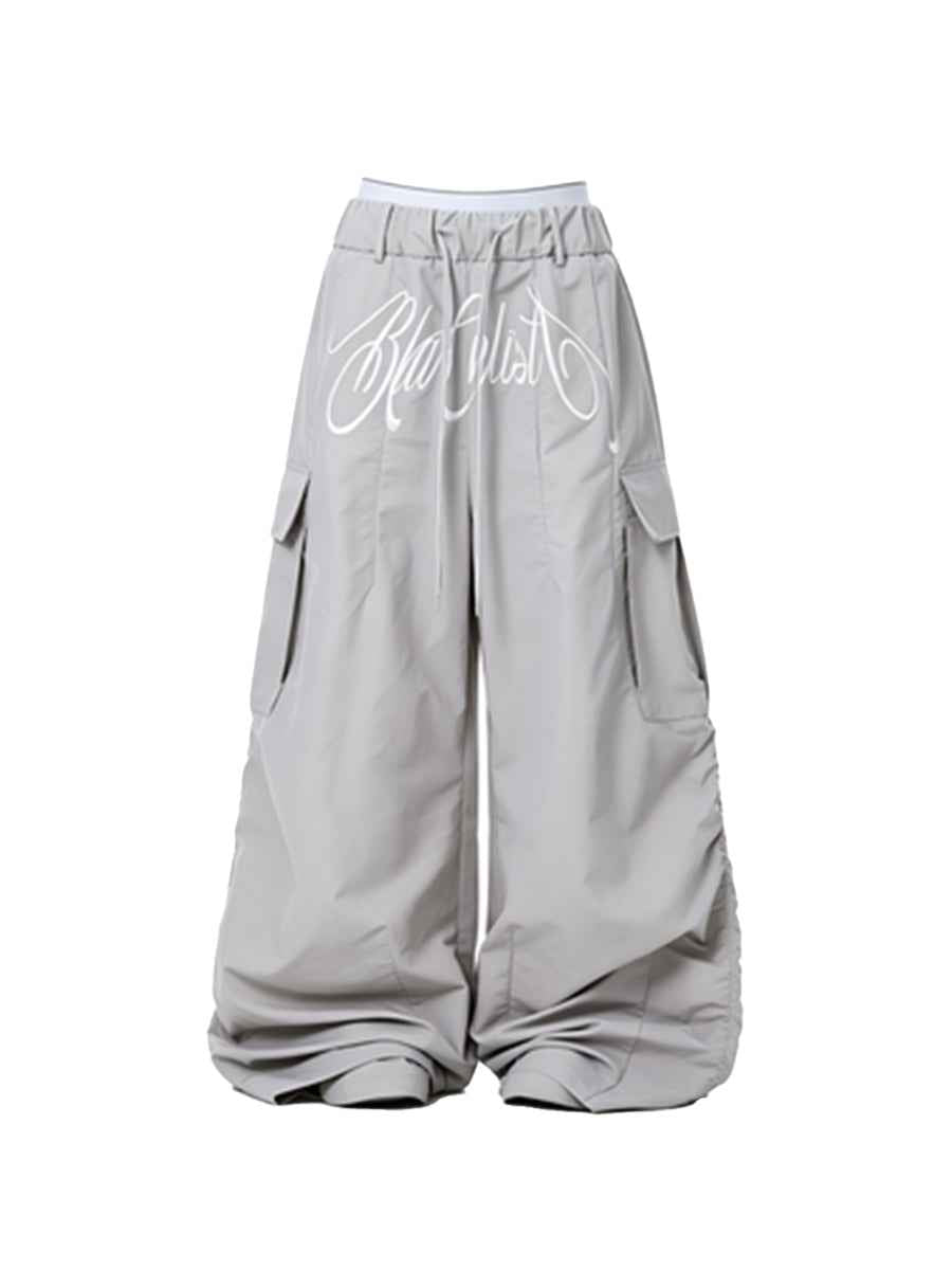 Whysoil-Cursive Front Letter Dual Pocket Drawstring Ultra Wide Leg Cargo Pants