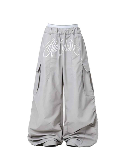 Whysoil-Cursive Front Letter Dual Pocket Drawstring Ultra Wide Leg Cargo Pants