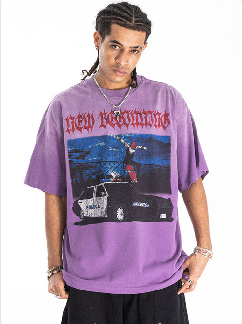 Whysoil-Skate Cop Car Vintage Print Washed Grey Oversized T-Shirt