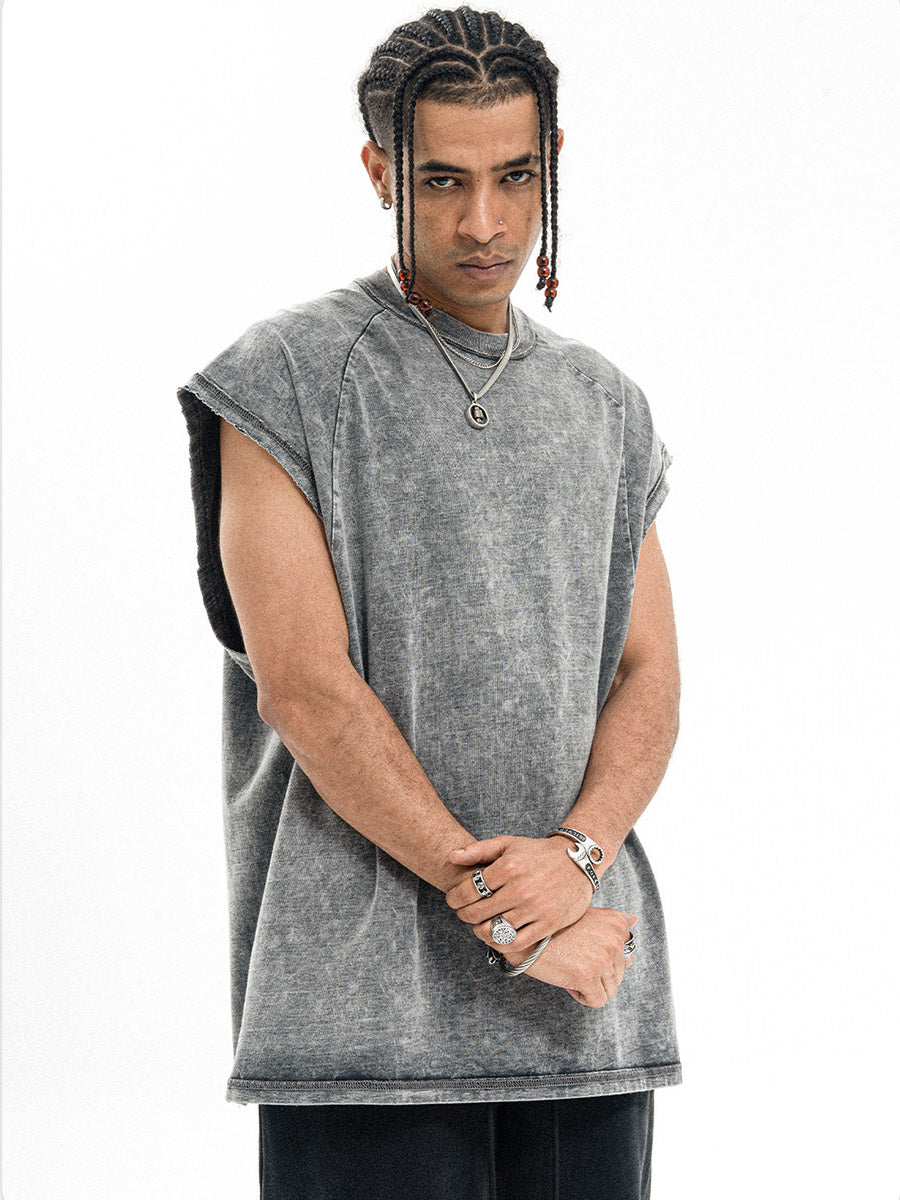 Whysoil-Washed Grey Raw Edge Sleeveless Oversized Crew Neck Tank Top