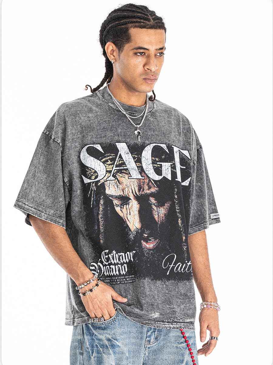T-shirt oversize noir imprimé portrait religieux vintage Whysoil-SAGE
