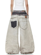 Whysoil-Double Layer Waist Lace-Up Front Stitch Detail Baggy Balloon Denim Pants