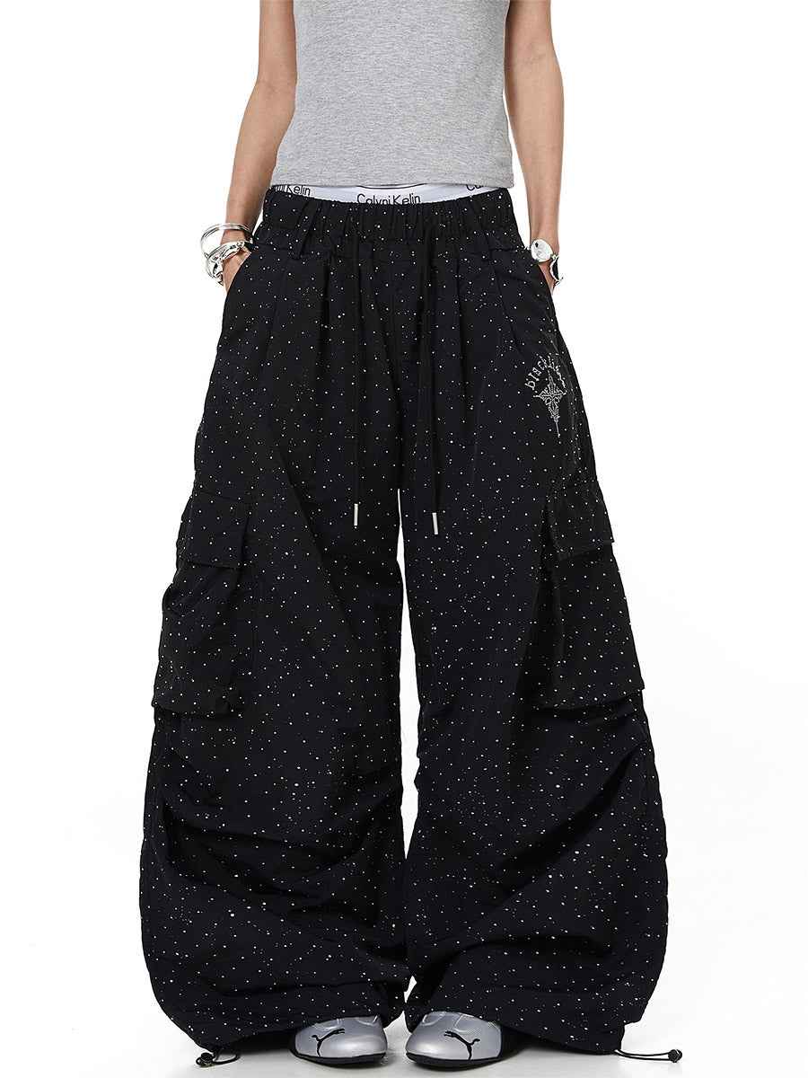 Whysoil-Star Glitter Print Multi-Pocket Ruched Drawstring Wide Leg Cargo Pants
