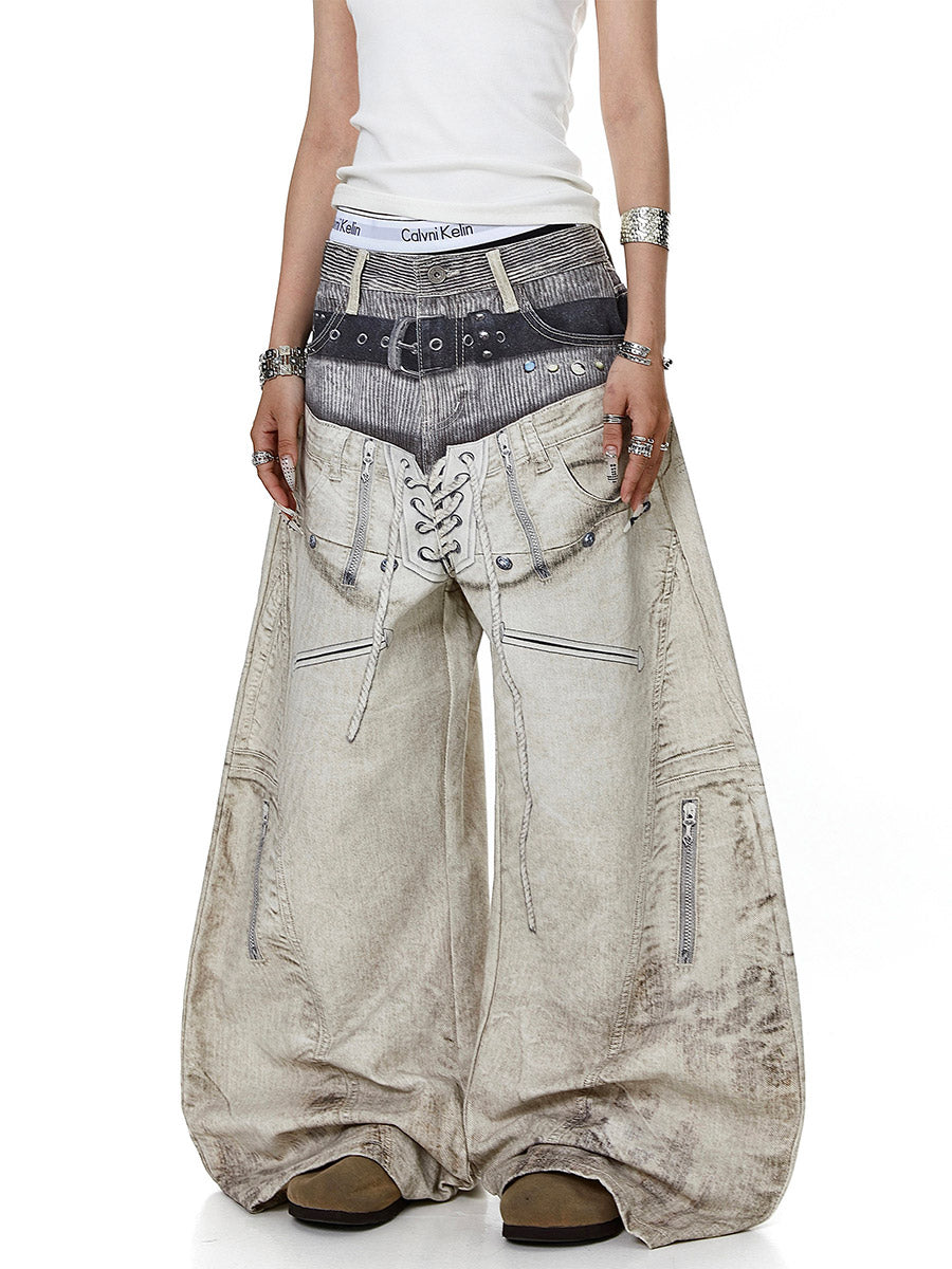 Whysoil-Double Layer Waist Lace-Up Front Stitch Detail Baggy Balloon Denim Pants