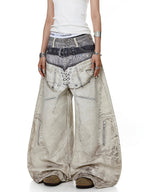 Whysoil-Double Layer Waist Lace-Up Front Stitch Detail Baggy Balloon Denim Pants