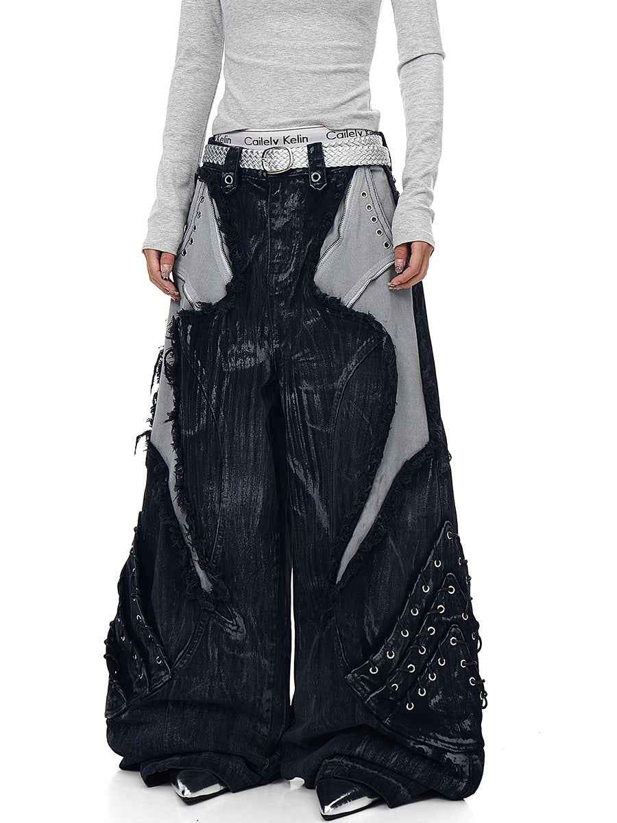Whysoil-Contrast Patch Raw Fringe Rivet Curved Stitch Wide Leg Denim Pants