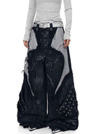Whysoil-Contrast Patch Raw Fringe Rivet Curved Stitch Wide Leg Denim Pants