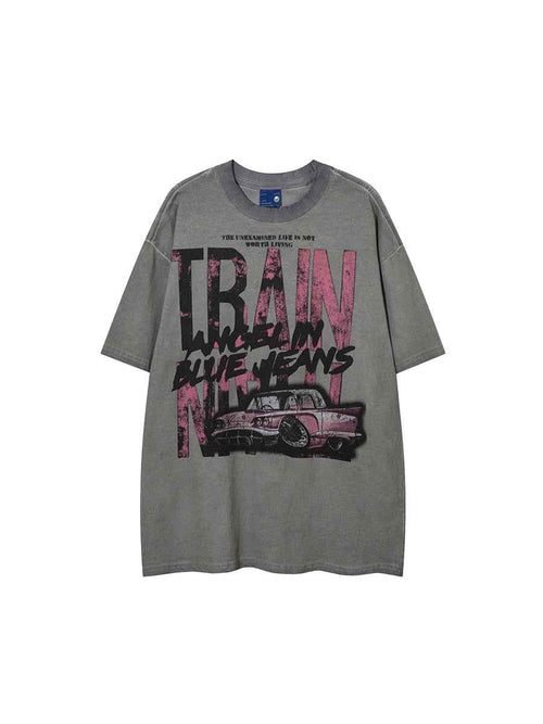 Whysoil-Vintage Classic Car Multi-Layer Slogan Print Washed Oversized T-Shirt