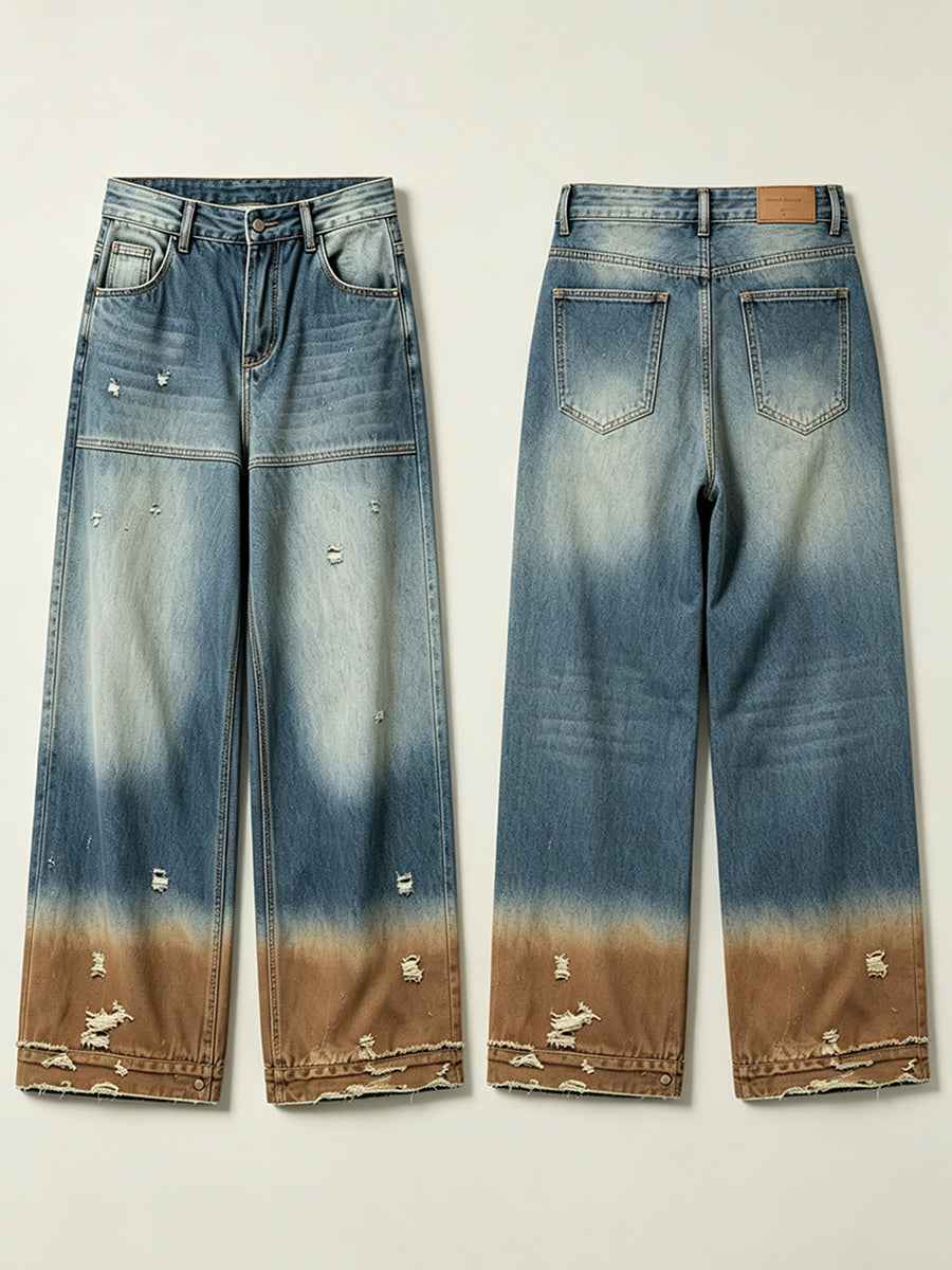 Gradient Distressed Vintage Denim Wide Leg Pants Tri-Color Earth Fade Wash | WHYSOIL