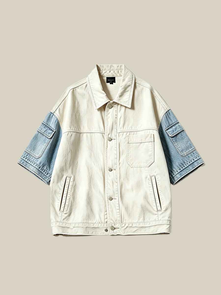 Color Block Patchwork Regular Shoulder Oversized Short Sleeve Denim Jacket Cream Blue Wash | WHYSOIL