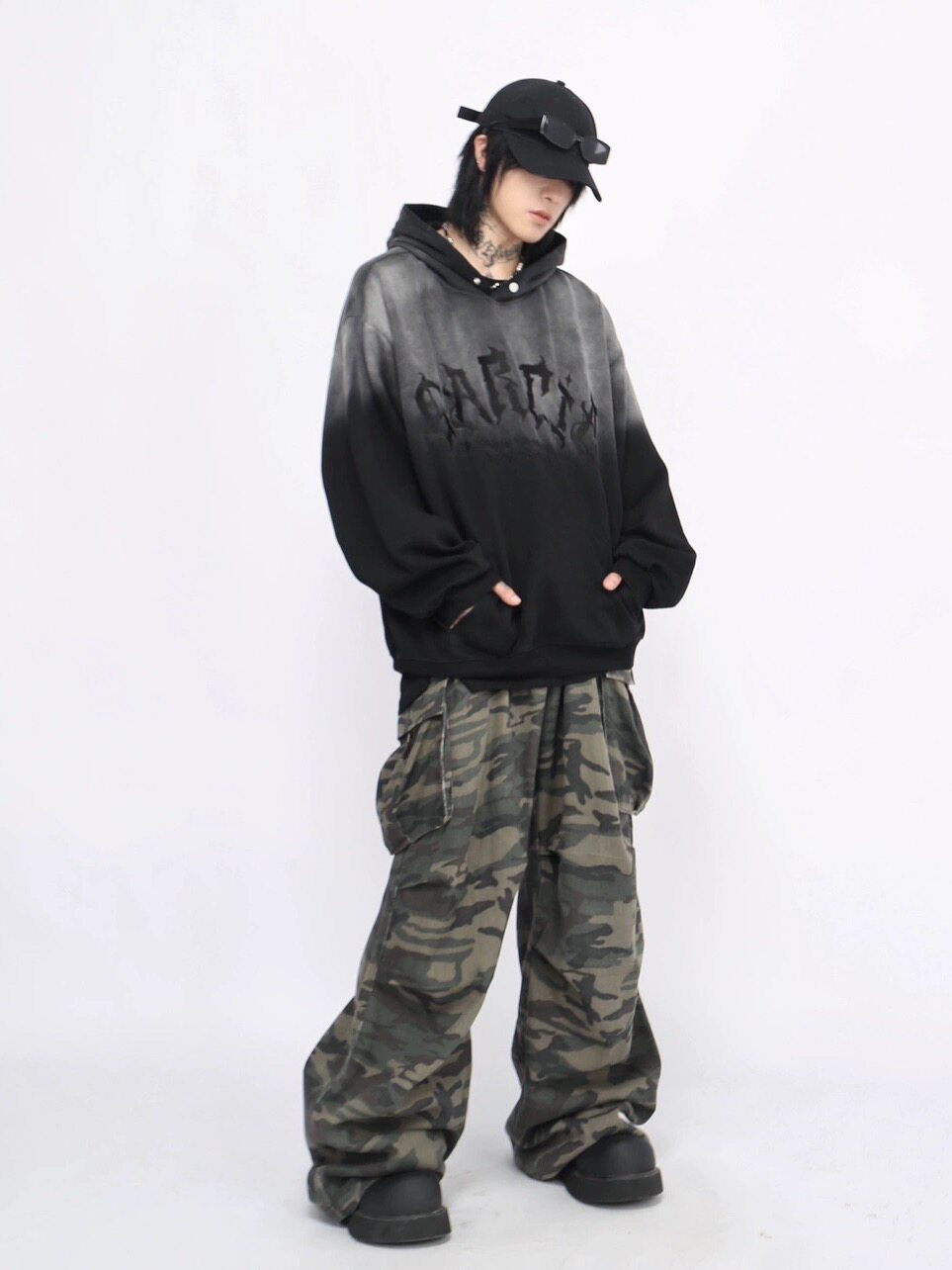 WHY SOIL Gradient Distressed Oversized Hooded Sweatshirt
