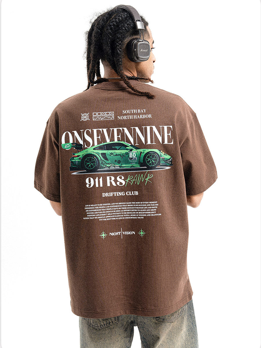 Whysoil-Green 911 RS Racing Car Back Print Oversized Black T-Shirt