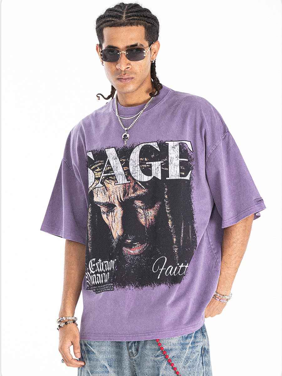 T-shirt oversize noir imprimé portrait religieux vintage Whysoil-SAGE