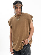 Whysoil-Washed Grey Raw Edge Sleeveless Oversized Crew Neck Tank Top
