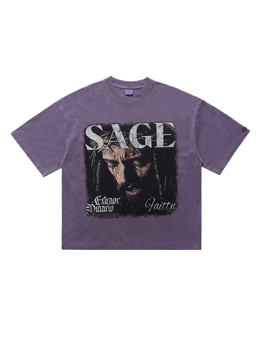 Whysoil-SAGE Vintage Religious Portrait Print Oversized Black T-Shirt