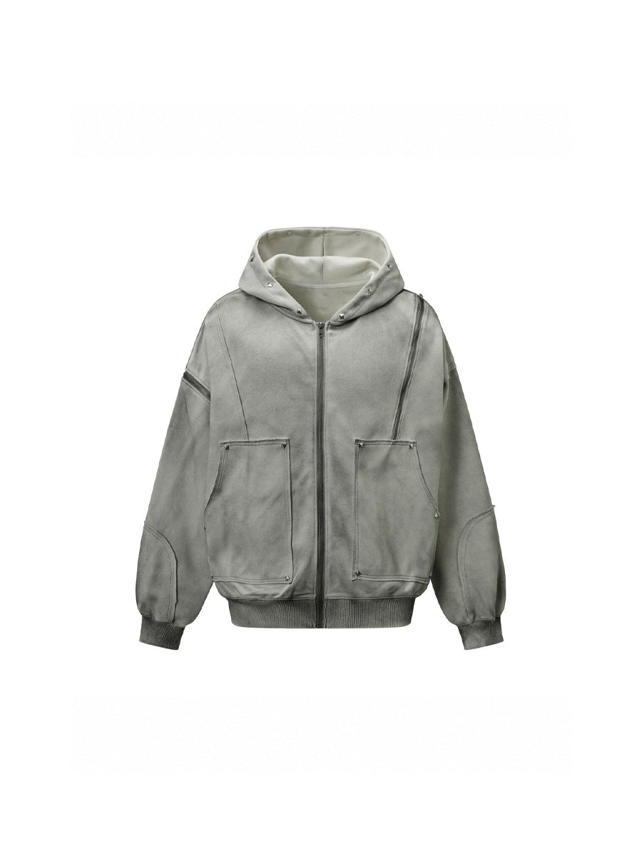 WHY SOIL Washed Rivet Utility Zip Hoodie
