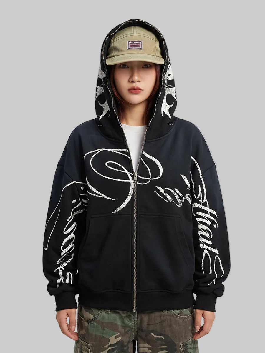 WHY SOIL Graffiti Script Graphic Zip Hoodie