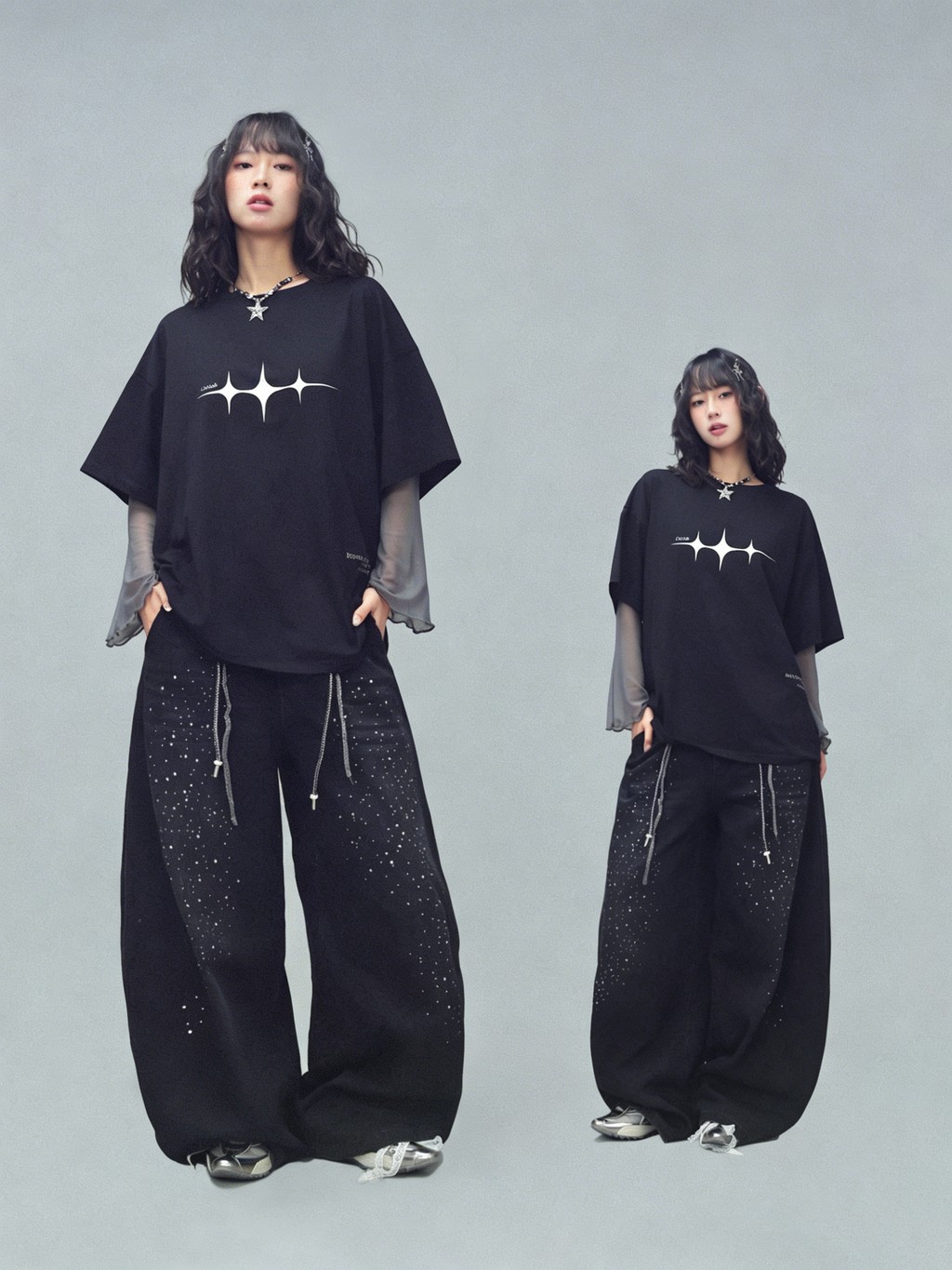 WHY SOIL Black Galaxy Rhinestone Wide Leg Denim Pants