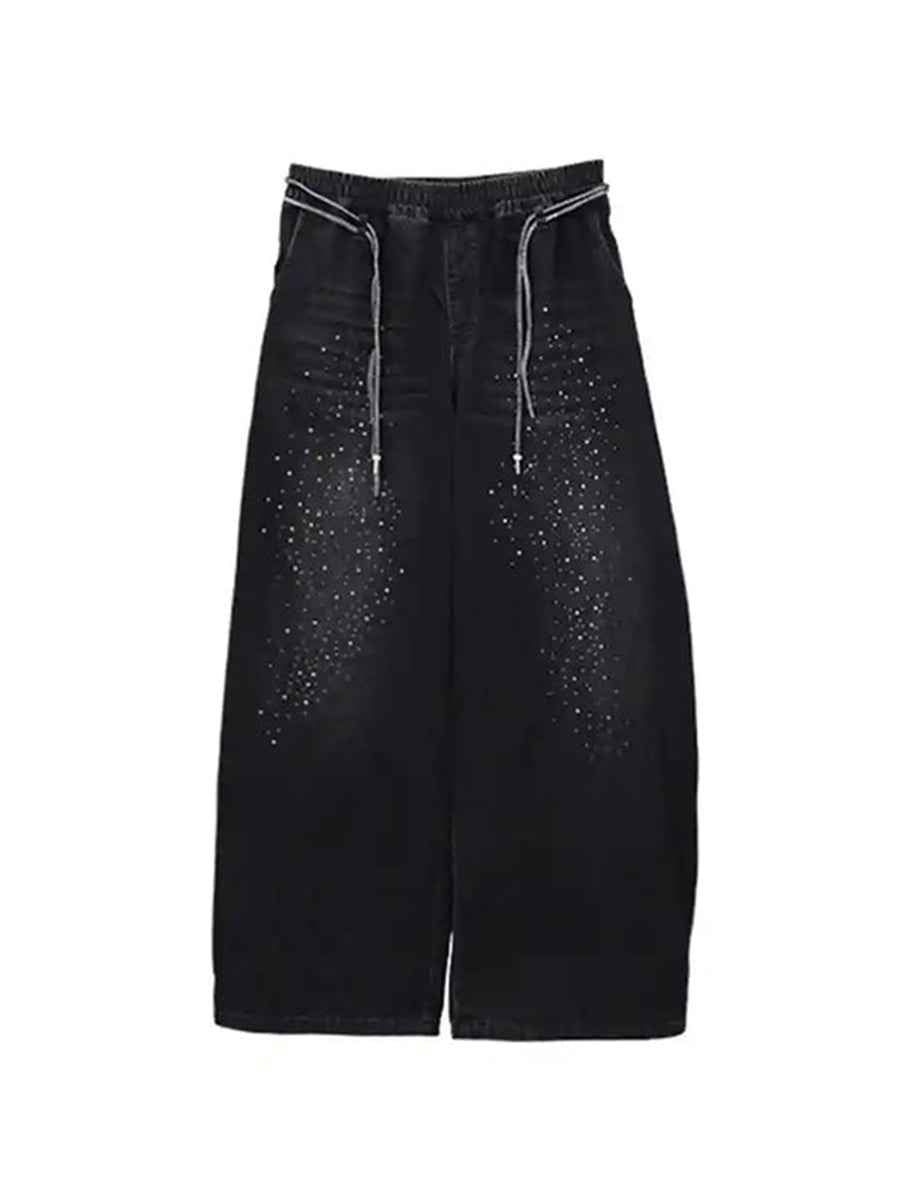 WHY SOIL Black Galaxy Rhinestone Wide Leg Denim Pants