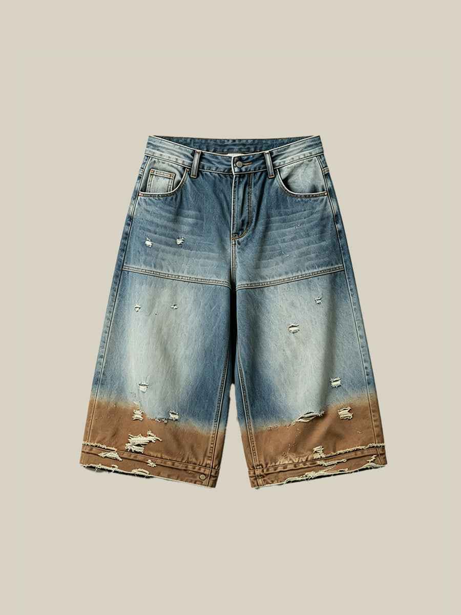 Gradient Distressed Vintage Denim Oversized Five-Point Shorts Tri-Color Earth Fade Wash | WHYSOIL