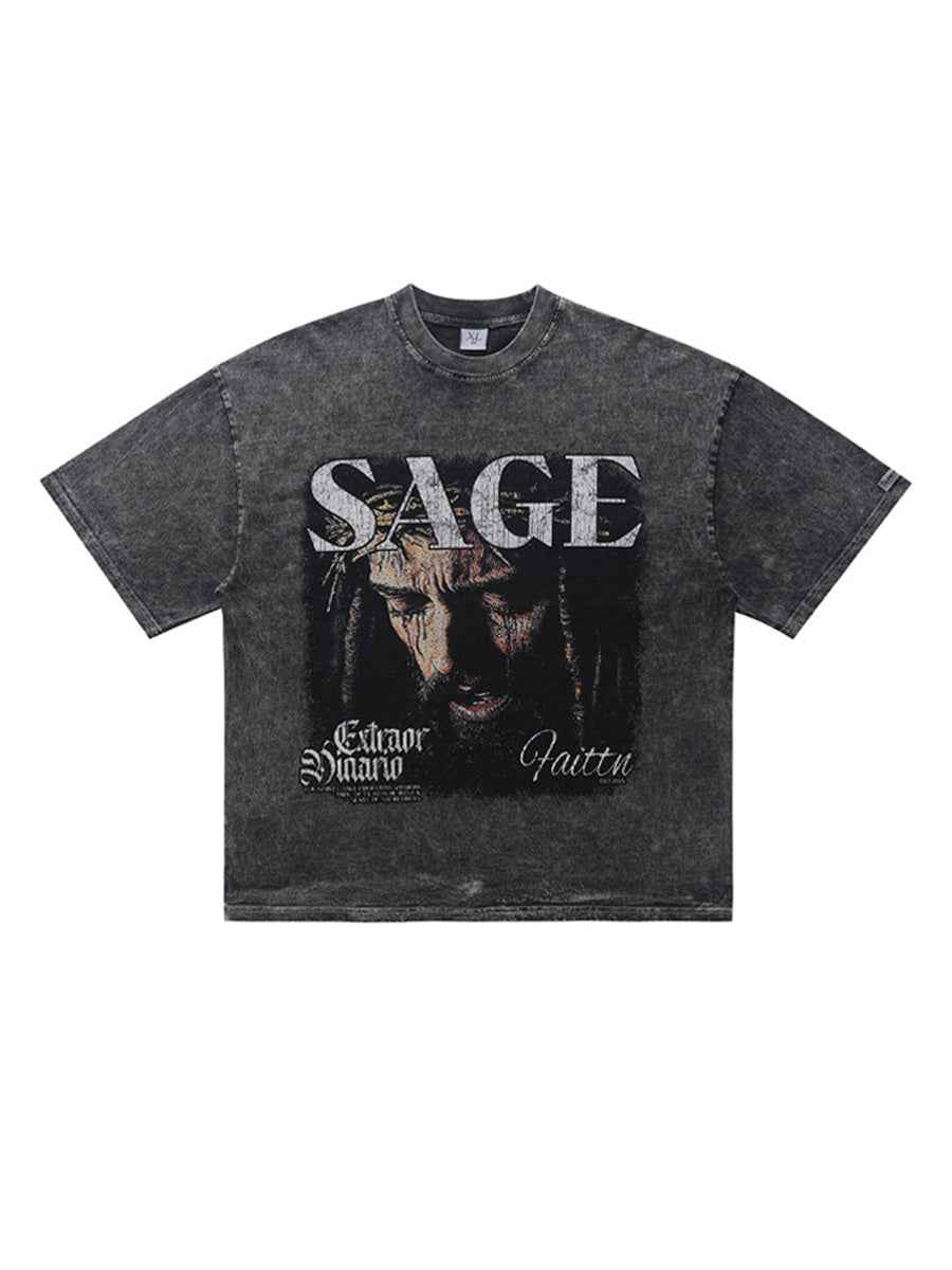 Whysoil-SAGE Vintage Religious Portrait Print Oversized Black T-Shirt
