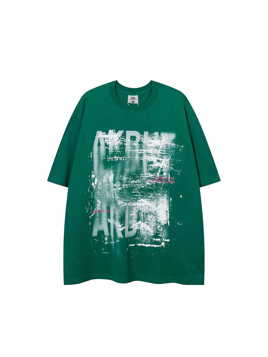 Whysoil-Distressed Scratch Overlay Blur Letter Print Oversized T-Shirt