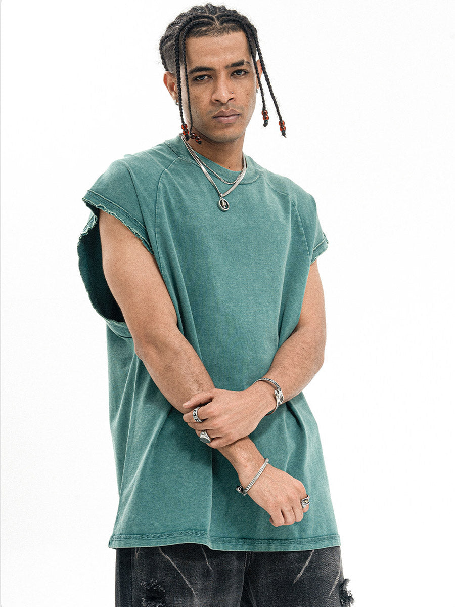 Whysoil-Washed Grey Raw Edge Sleeveless Oversized Crew Neck Tank Top