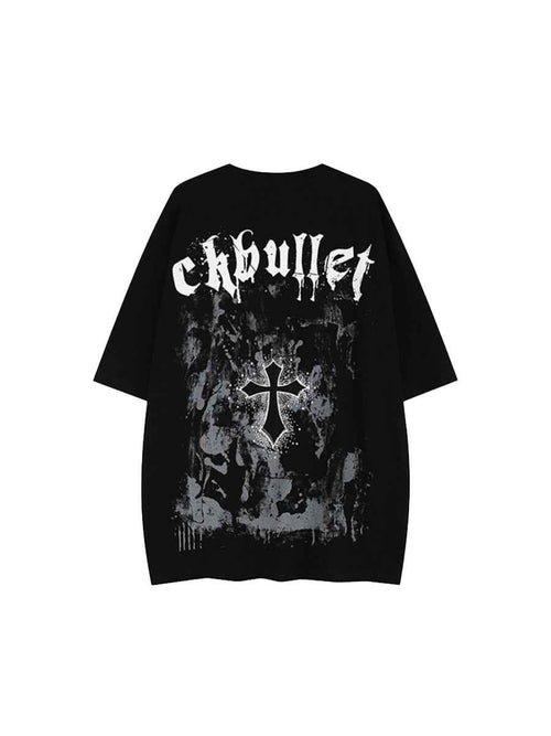 Whysoil-Gothic Drip Letter Cross Vintage Grunge Back Print Oversized T-Shirt