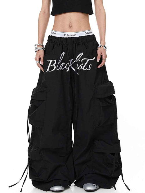 Whysoil-Embroidered Multi-Pocket Drawstring Wide Leg Cargo Pants