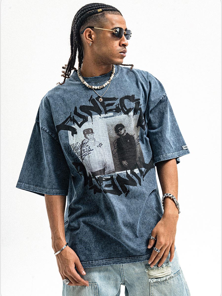 Whysoil-Vintage Graffiti Letter Acid Washed Oversized T-Shirt