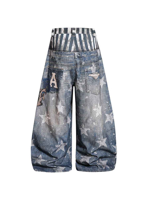 Whysoil-All Over Star Print Striped Waist Red Star Baggy Wide Leg Denim Pants