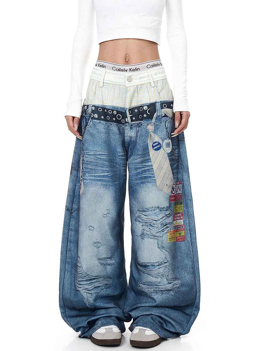 Whysoil-Plaid Spliced Waist Multi Label Patch Distressed Wide Leg Denim Pants