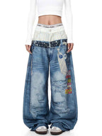 Whysoil-Plaid Spliced Waist Multi Label Patch Distressed Wide Leg Denim Pants