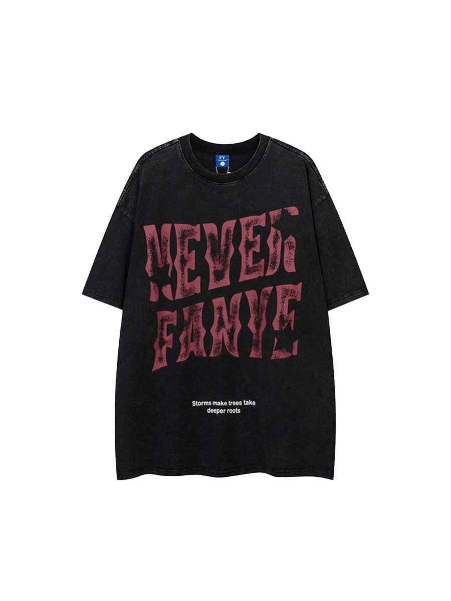 Whysoil-Distressed Jagged Gothic Stacked Letter Print Washed Oversized T-Shirt